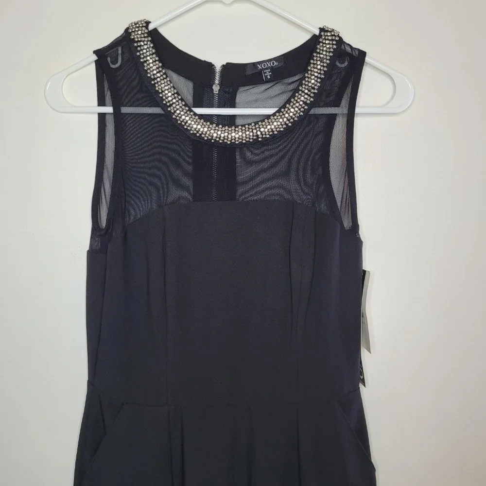 Nwt XOXO Jumpsuit Womens Black With Silver Beading Neckline Small Straight Leg - Picture 2 of 13